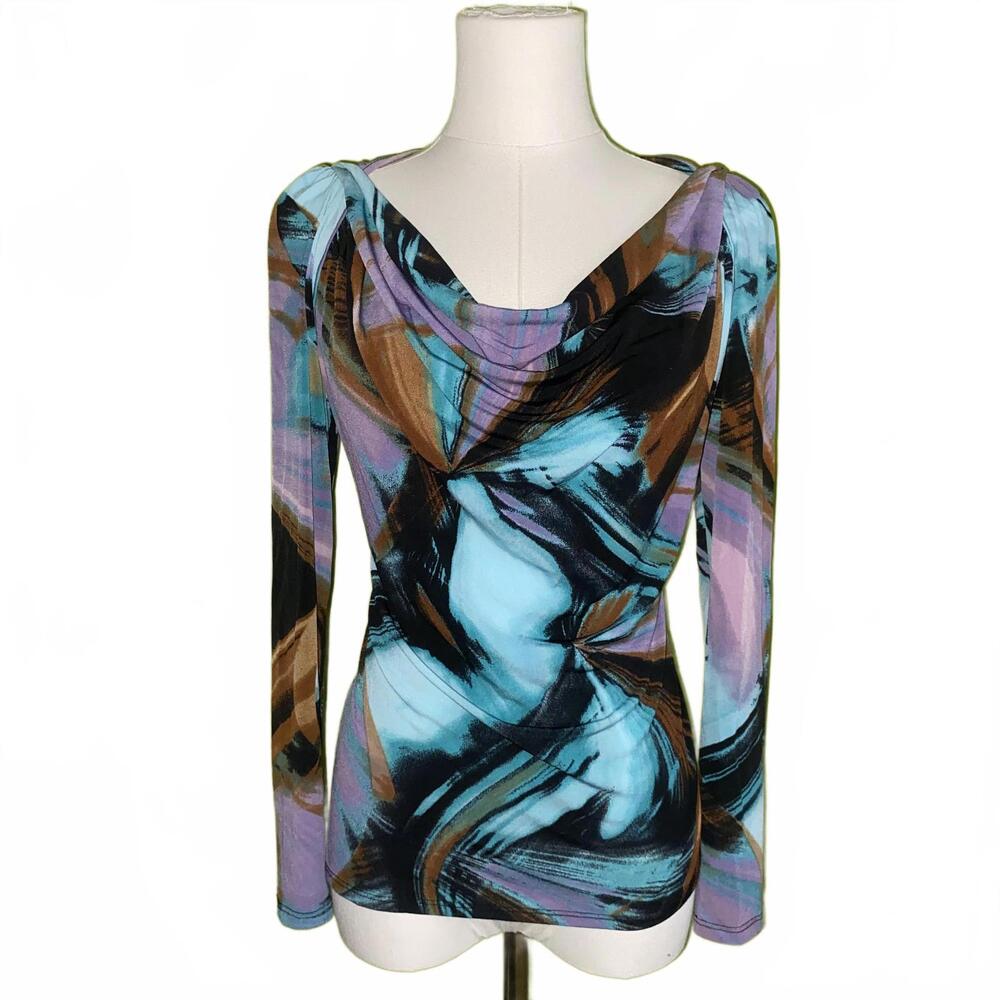 Y2K Mesh Abstract Print Top Blue Brown Long Sleeve Stretchy Retro Women’s M